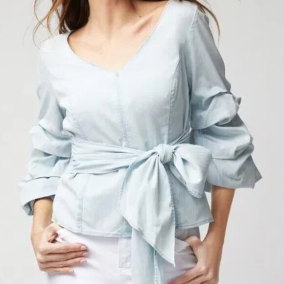 White House Black Market Drama Sleeve Denim Blouse - Picture 1 of 3